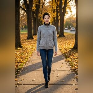 Women's Gray Knit Zip Sweater Jacket – Size M – Cozy Winter Cardigan